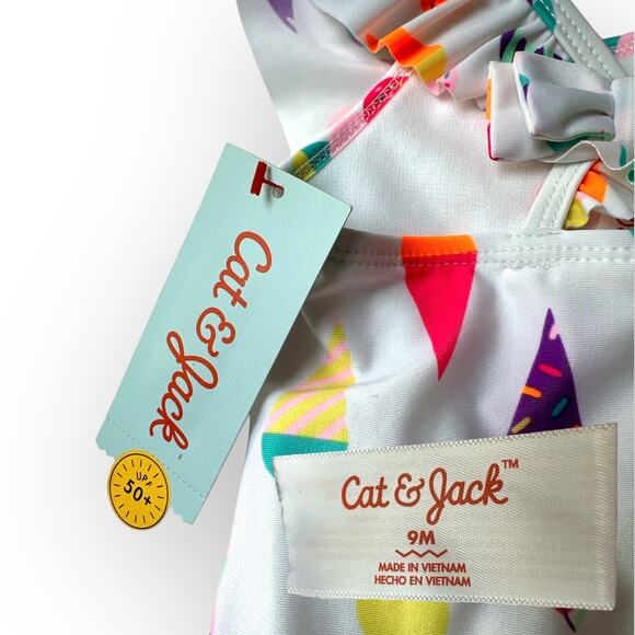 Cat & Jack Ice Cream Cones Bow Swimsuit, Baby 9mo, Multicolored Neon - Picture 5 of 5